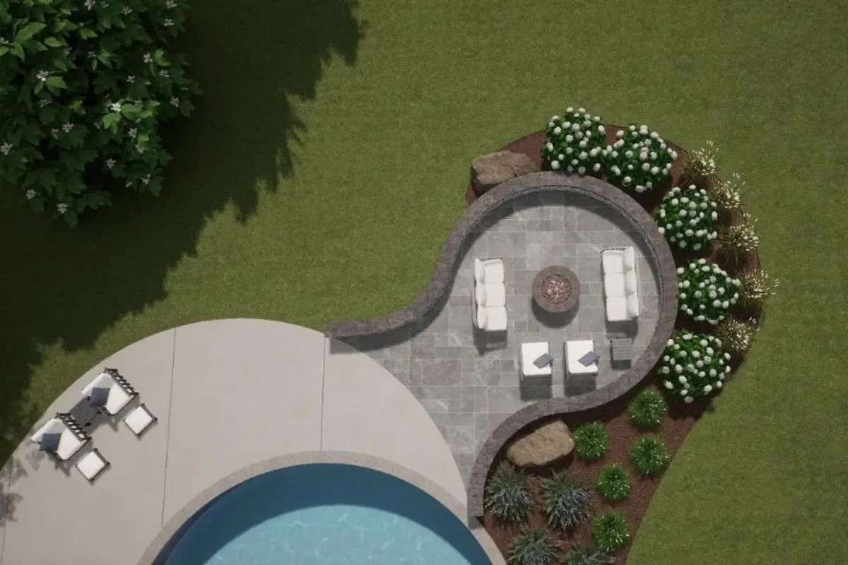 3D hardscape design rendering showing patio with fire pit and pool area in Chester County PA
