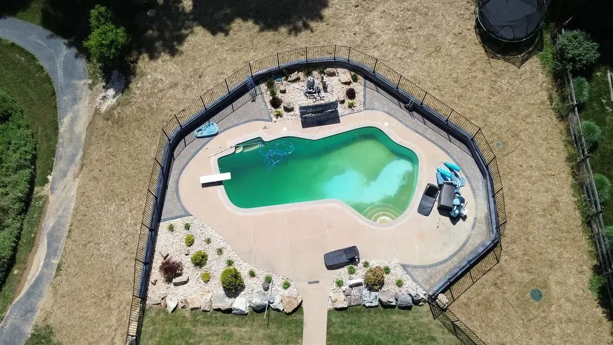 Freeform pool with diving board boulder landscaping and paver border in Chester County PA