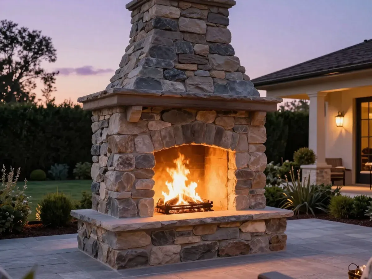 Natural stone outdoor fireplace with fire burning at dusk Chester County PA
