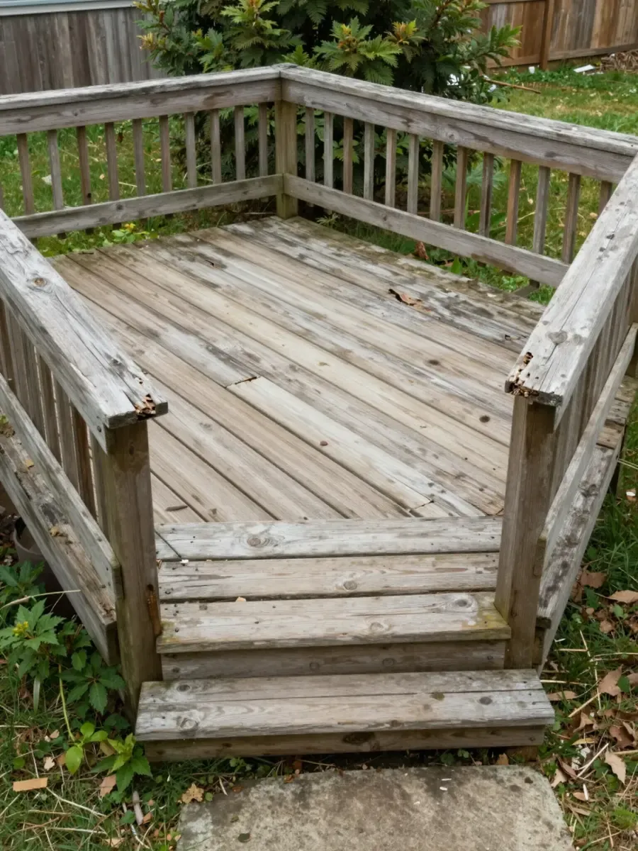 Old wooden deck before hardscape renovation Chester County PA