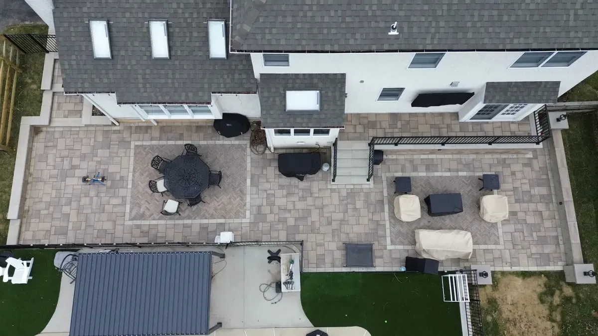 Aerial view of pool deck paver installation by Keystone Hardscape Chester County