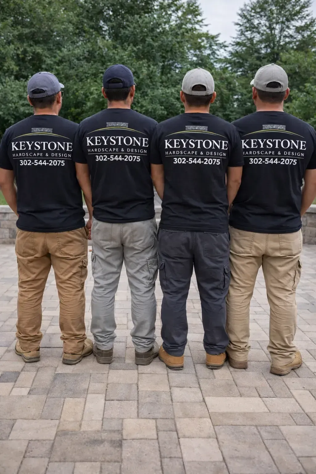 Keystone Hardscape & Design team showing branded shirts